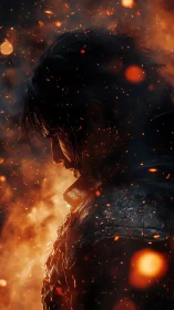 Brooding warrior silhouette amid rising embers and fire.