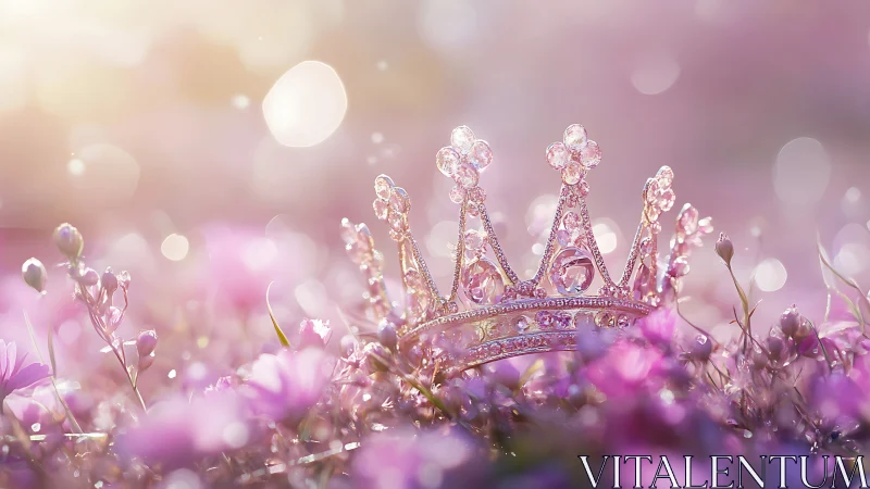 Glittering crystal crown rests softly in dreamy pink flowers