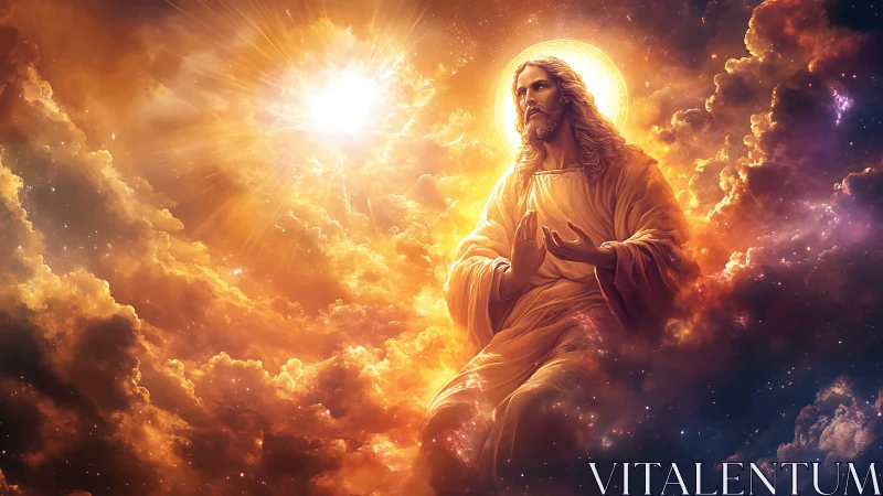 Celestial robed figure in radiant golden nebula cloudscape