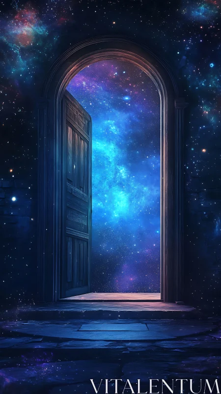 Cosmic doorway opening into glowing blue starfield portal.