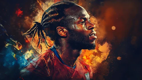 Digital painting portrait of focused athlete in fiery motion blur.