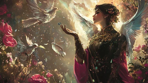 Winged floral sovereign with doves in luminous particle bloom.
