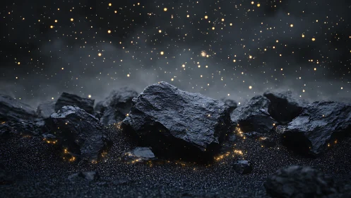 Dark rocky terrain with scattered glowing particles at night.