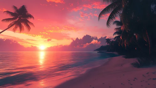 Palm lined shoreline under pink and orange sunset sky.