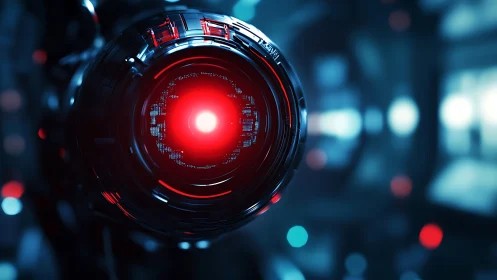 Close-up of illuminated red robotic optical sensor unit.