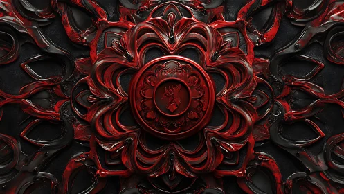 Red concentric ornamental structure with central emblem.