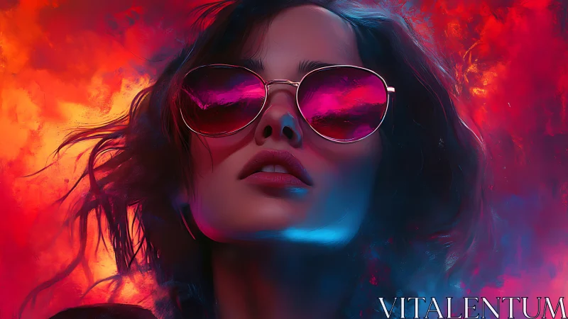 Woman with neon sunglasses stares upward through blazing colors