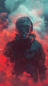 Gas-masked wanderer strides through neon storm clouds of fear