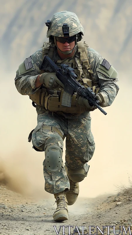 Soldier in full combat gear sprints through dusty terrain.
