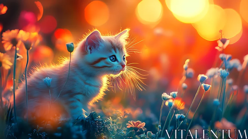 Kitten Explores Glowing Flower Field at Golden Hour