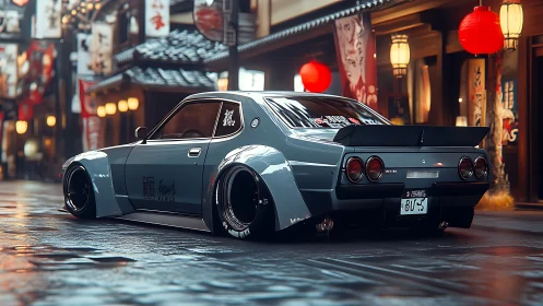 3D retro tuner coupe on wet neon-lit Japanese alleyway street.