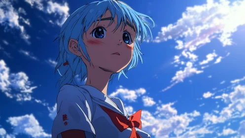Anime schoolgirl gazes upward under deep blue clouded sky