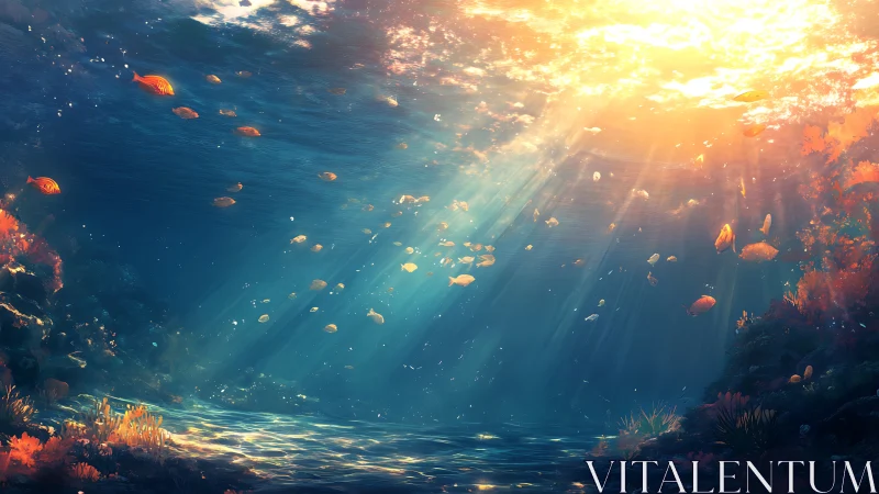 Sunlit coral ballroom where tiny golden fishes wander slowly.