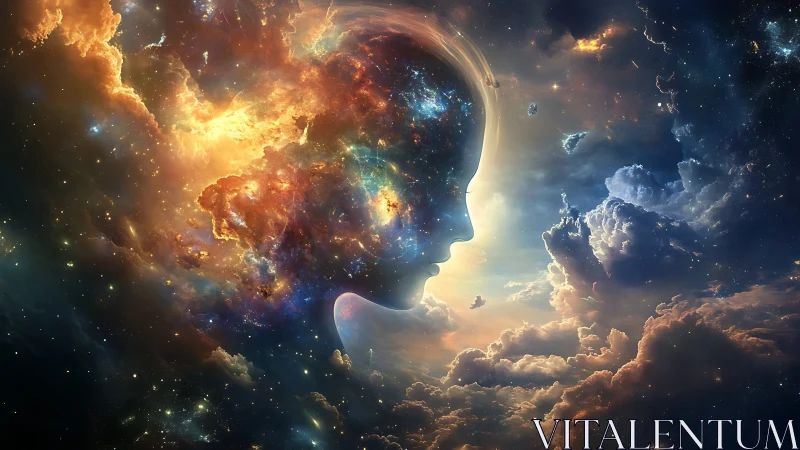Celestial mindscape blooms within a cosmic human silhouette.