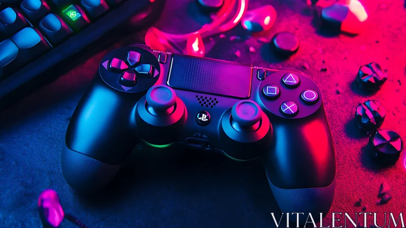 Gaming controller under neon magenta and cyan rim lighting.