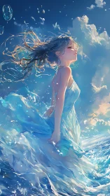 Ocean wind lifts serene girl through luminous waves.