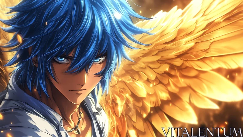 Blue haired angelic warrior stands amid blazing golden wings