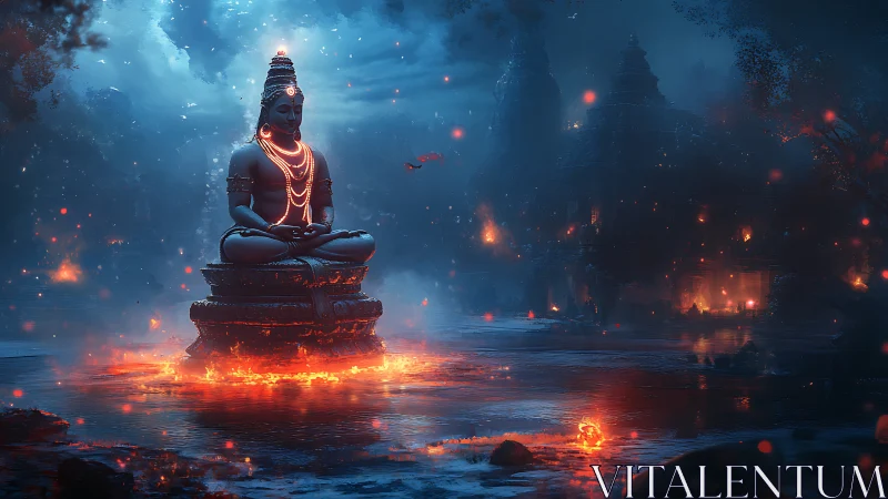 Divine stone statue meditates above molten temple lake