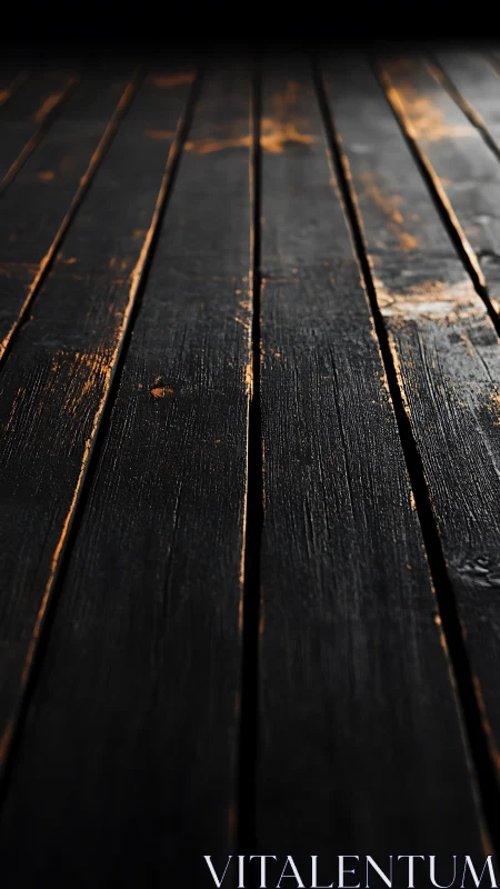 Charred wood planks glow with ember-kissed golden streaks.