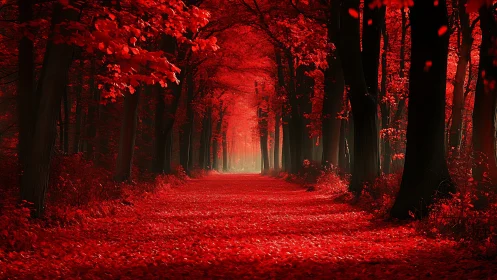 Red-Filtered Forest Pathway Creates Monochromatic Atmospheric Corridor