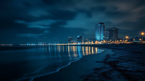 Coastal skyline glows over reflective midnight shoreline.