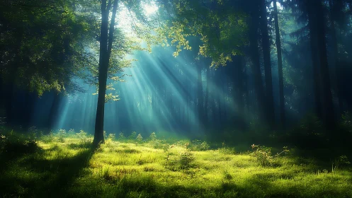 Sunbeams Filtering Through Dense Forest Canopy, Dreamy Nature Scene.