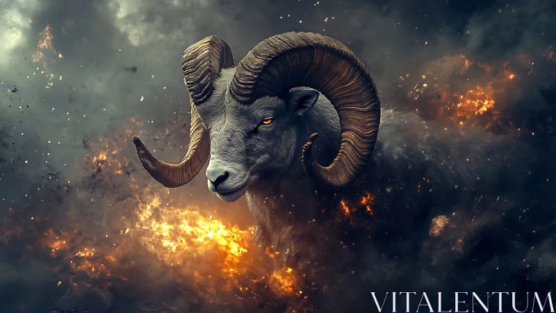 Storm-horned celestial ram drifting through embered thunderclouds.