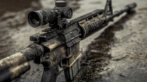 Precision rifle with optic in wet environmental test conditions.