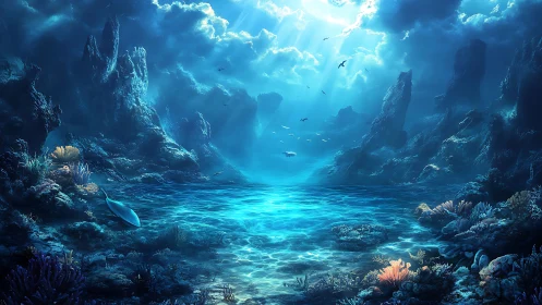 Underwater canyon floor glows beneath strong surface light