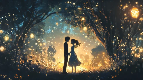 Silhouettes hold hands beneath luminous trees.