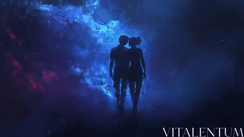 Two Silhouetted Figures Against Radiant Blue Energy.