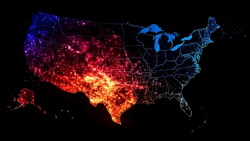 Neon nightlight map of the United States glowing in cosmic color.