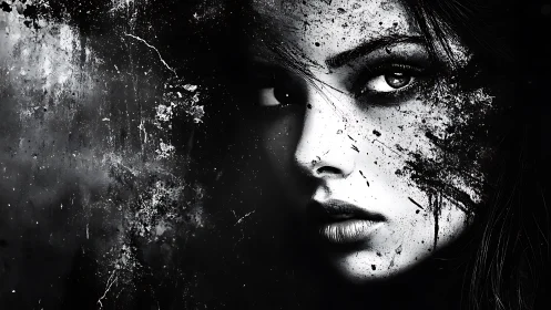Haunting monochrome portrait with inky splatter mystery.