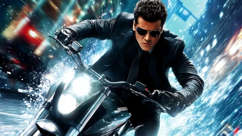 Midnight suited rider knifes through neon city rainfall.