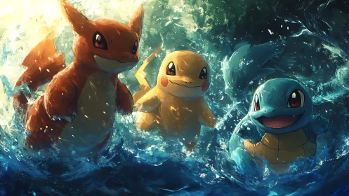 Three cartoon creatures moving through turbulent ocean water.