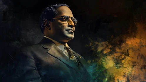 Digital portrait shows suited man against abstract color field