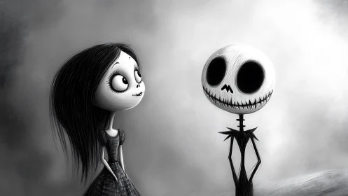 Timid gothic girl and skeletal figure in misty grayscale scene.
