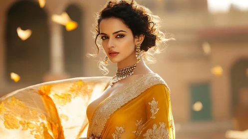 Woman in ornate yellow sari with jewelry in soft sunlight.