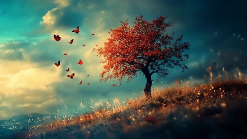 Solitary red tree on hillside with drifting butterflies.