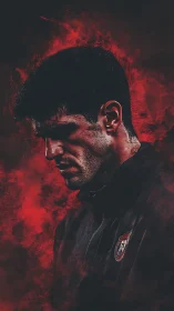 Moody portrait of pensive man against dark red smoke.