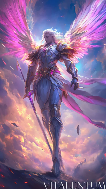 Radiant winged knight stands armed above glowing clouds.