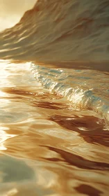 Low-angle view of sunlit ocean wave with golden reflections.