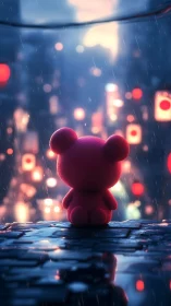 Pink plush bear figure in rainy neon lit urban alleyway.