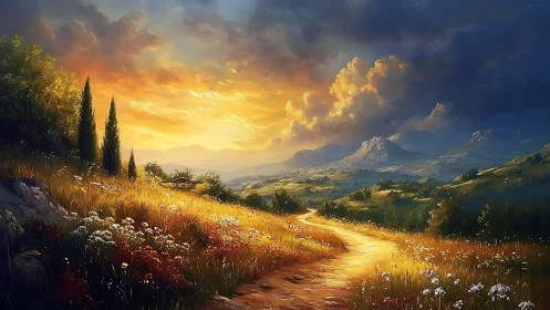 Sunlit country path wandering toward storm-kissed mountains.