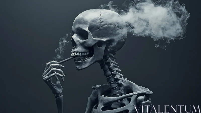 Smoke curls from a grinning skeleton lost in quiet thought