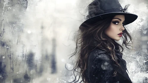 Mystery in the winter streets with a stylish midnight gaze.