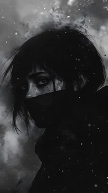 Masked figure in monochrome portrait with abstract particles.