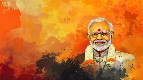 Garlanded elder in saffron haze of festive devotion and light.