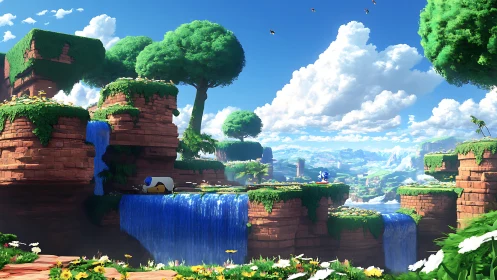 Lush tiered canyon world with waterfalls and tiny traveler.