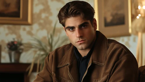 Young man in brown suede jacket under soft indoor lighting